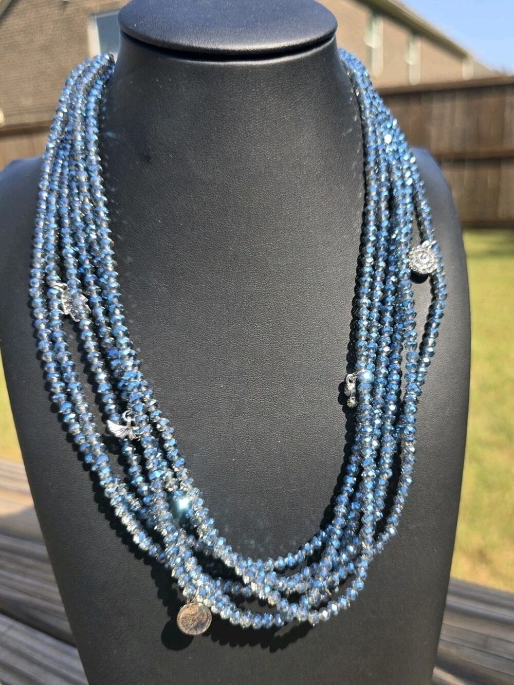 NWOT Marlyn Schiff Multi Strand Blue Crystal Statement Necklace Pave Charms